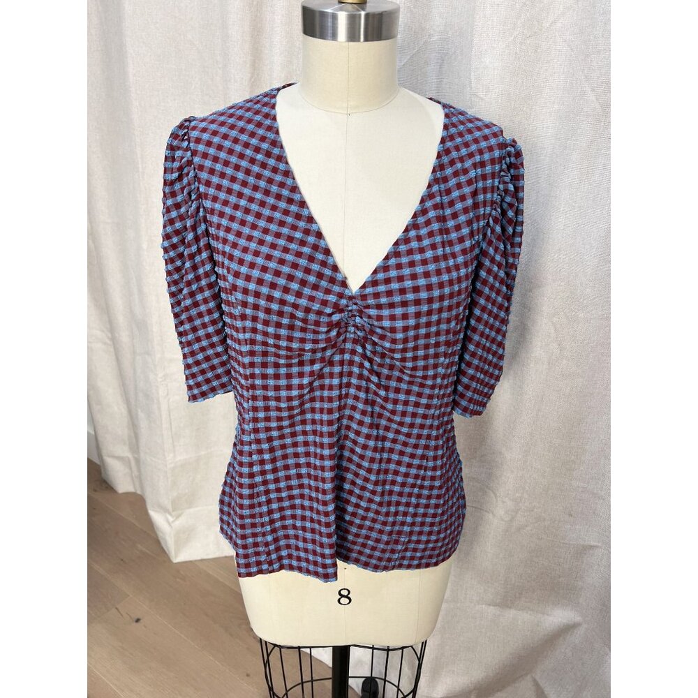 GANNI Blouse Seersucker V Neck Puff Sleeve in Blue Red Check Sz 46 XXL 16 - Picture 6 of 12
